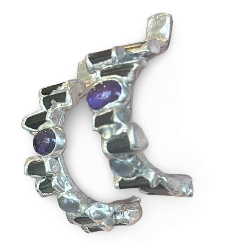 Pure Silver Artisan Green Tourmaline, Amethyst, Moonstone Earrings by C + R - Picture 4 of 9